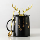 Nordic Couple Mug Porcelain Cup Golden Antlers Cover Home Spoon With Lid Milk Coffee Cup Drinking Glass Black White Ceramic Mug