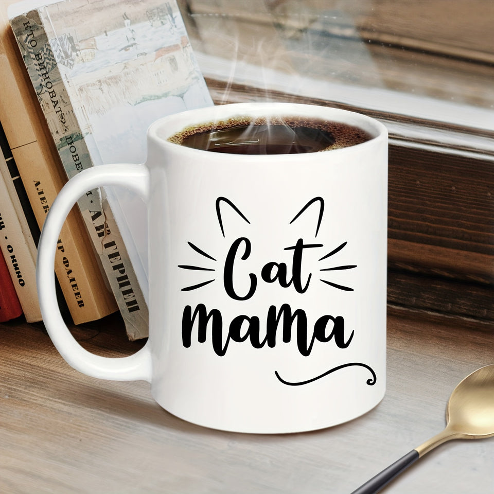 Cat Mom Ceramic Coffee Mug 11oz - Hand Wash Only Insulated Reusable Round Mug for Multipurpose Use, Microwave Safe Cat Mama Gifts for Women