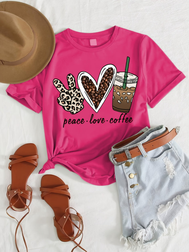 Peace Love Coffee Print, Girls Comfy T-shirt & Shorts Set, Casual Lightweight And Trendy Clothing For Summer