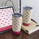 Charming Cherry Bowls Travel Mug: 600ml/20.29OZ, Double-Walled Stainless Steel, Hand Wash Only, Perfect for Coffee, Tea, or Cold Drinks - Great for Travel, Gym, or Outdoor Activities