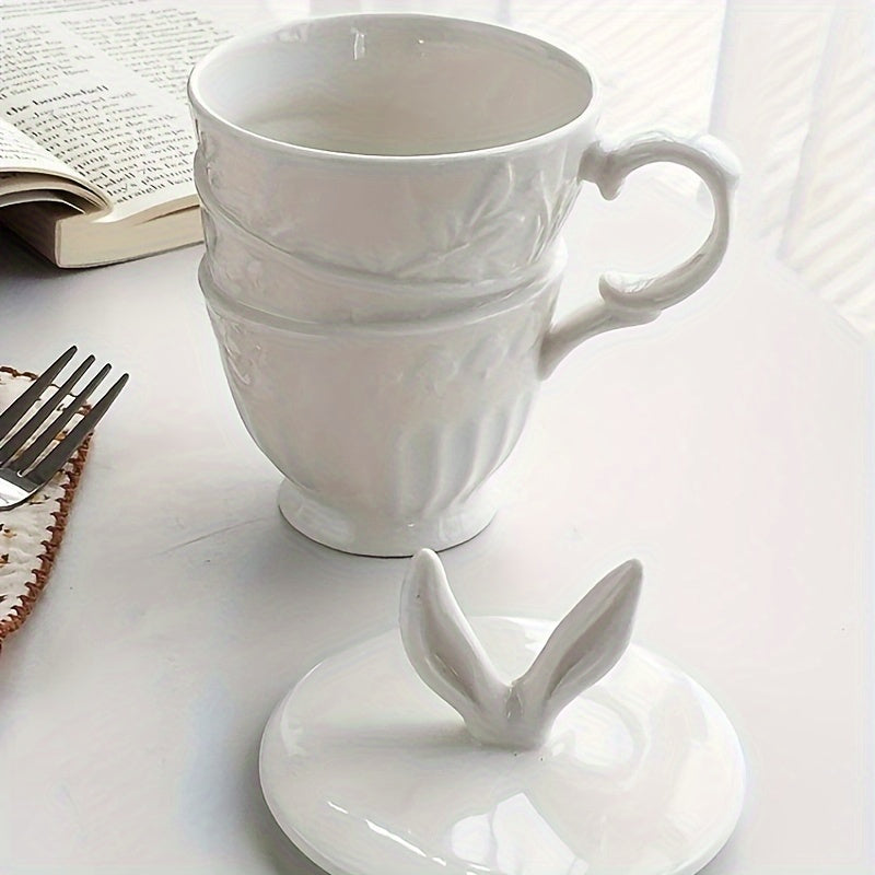 Charming Alice Rabbit Ears Ceramic Mug - 11.83oz, Insulated Coffee & Milk Cup with Lid and Handle, Microwave Safe, Perfect for Afternoon Tea, Home Kitchen Accessory
