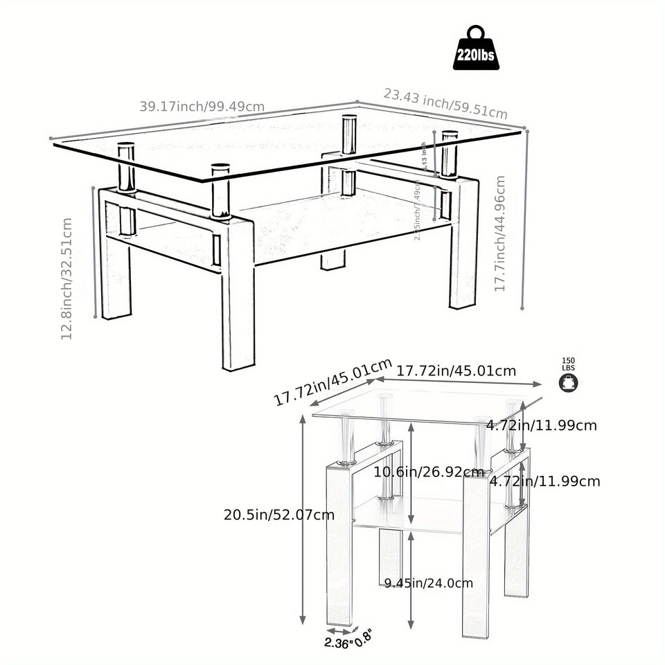 Coffee Table Set Of 3, Glass Coffee Table And 2 Side Tables, Modern Table Set For Living Room With Metal Leg