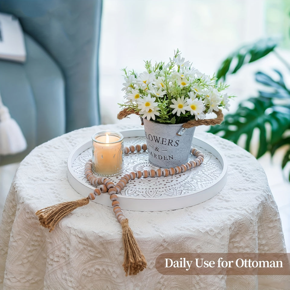 Rustic Farmhouse White Wooden Tray with Unique House Pattern - 12" Round Decorative Serving Tray for Coffee Table, Perfect for Home Decor, Parties & Gifts