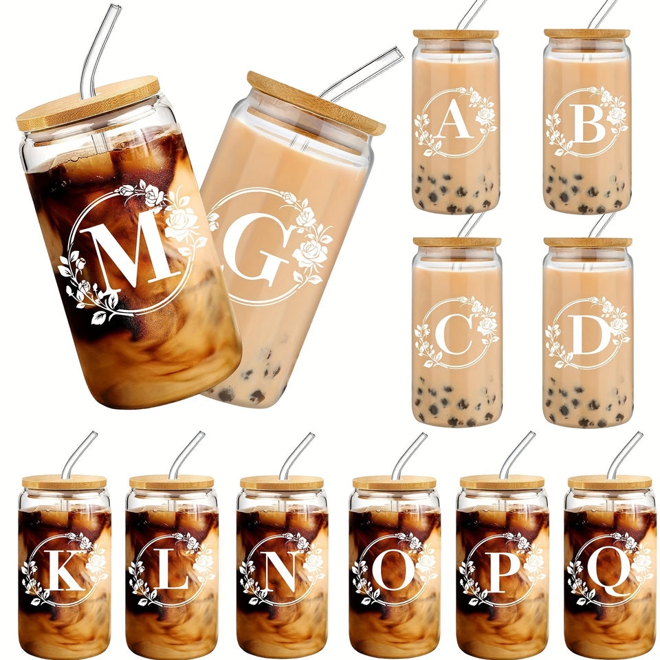1pc Alphabet Letter A-Z Glass Coffee Mug - 16oz Large Capacity, Bamboo Lid, Straw, and Handle - Perfect for Office, Home, Birthday, Bridesmaid, Thanksgiving, Christmas, Eid Al-Adha Mubarak, and Party Use