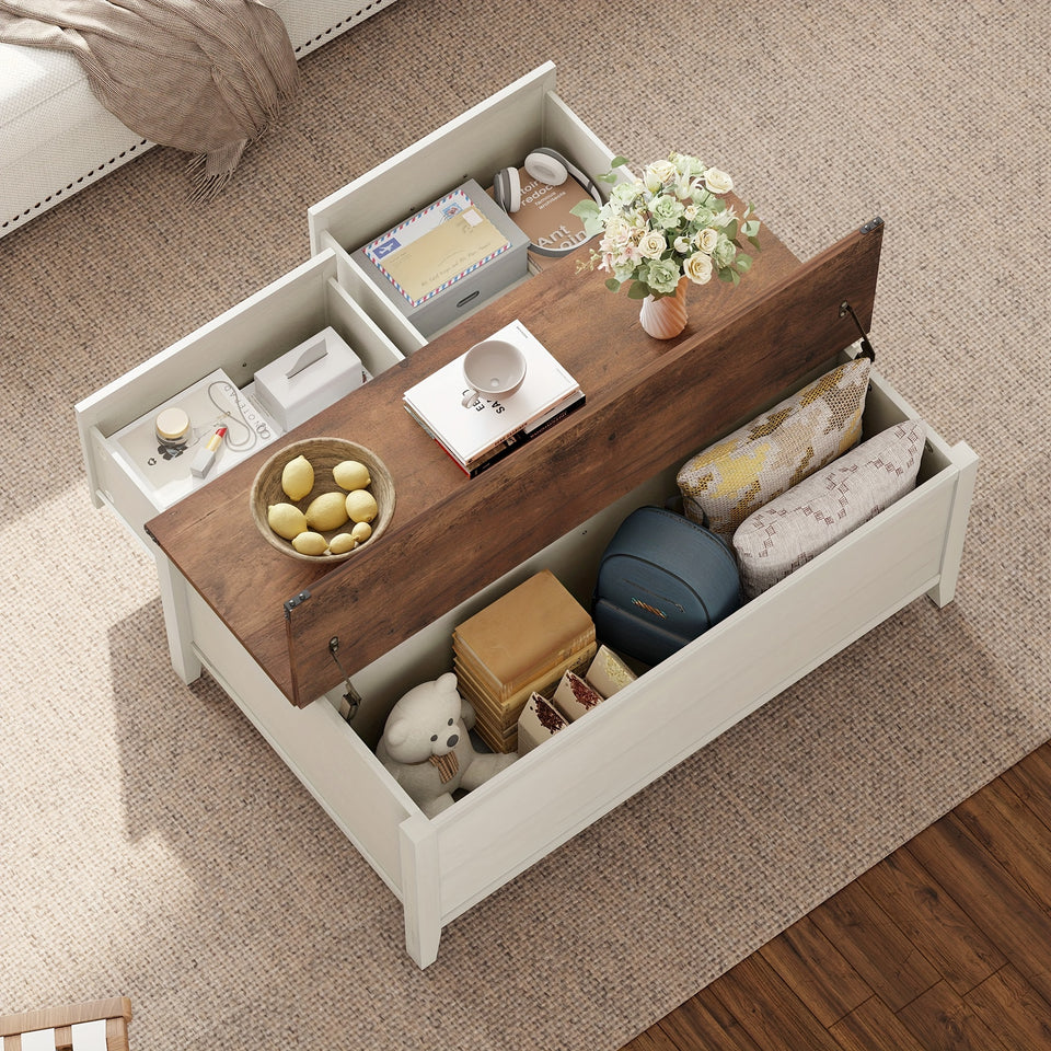 Farmhouse Coffee Table, 43'' Hinged Lift Top Wood Center Table with Large Hidden Storage & 2 Drawers for Living Room