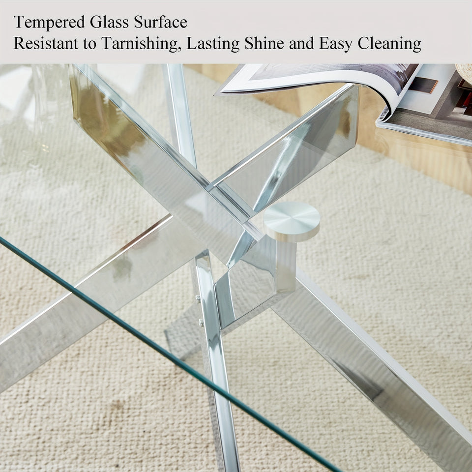 GSSDEE Rectangular Clear Tempered Glass Coffee Table, Stylish Design with Silver Chrome Plated Metal Legs, Coffee Table for Living Room