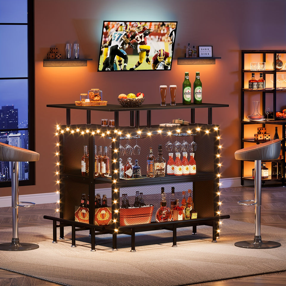 2-Tier L-Shaped Home Bar Unit with Stemware Racks & Footrest - Compact Coffee & Liquor Cabinet for Stylish Kitchen, Living Room or Pub Corner