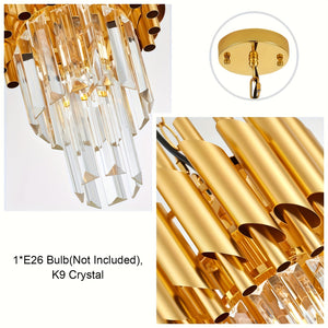 1pc Modern 2-Tier Round Crystal Chandelier, Industrial Style, E26 Bulb Not Included, for Dining Room, Kitchen Island, Bedroom, Laundry, Foyer, Entryway, with Installation Hardware, Semi-Flush Mount, Removable Claw, Ceiling Cl