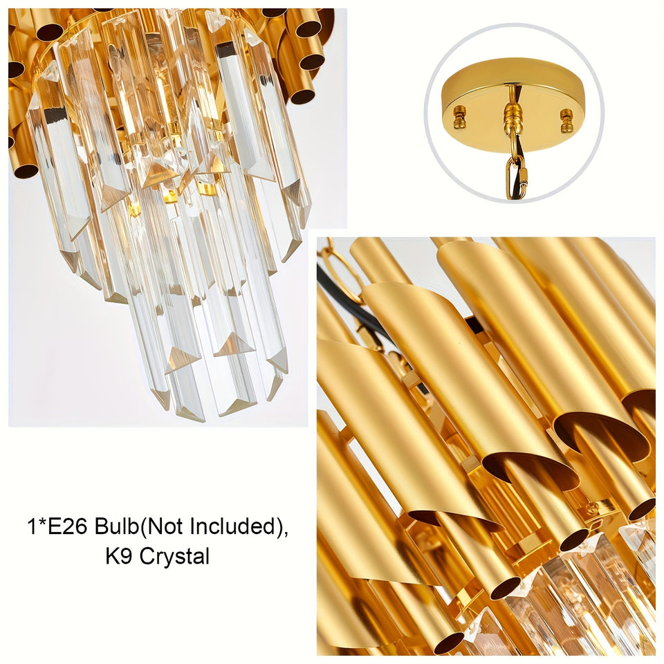 1pc Modern 2-Tier Round Crystal Chandelier, Industrial Style, E26 Bulb Not Included, for Dining Room, Kitchen Island, Bedroom, Laundry, Foyer, Entryway, with Installation Hardware, Semi-Flush Mount, Removable Claw, Ceiling Cl