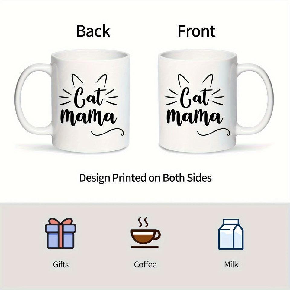 Cat Mom Ceramic Coffee Mug 11oz - Hand Wash Only Insulated Reusable Round Mug for Multipurpose Use, Microwave Safe Cat Mama Gifts for Women