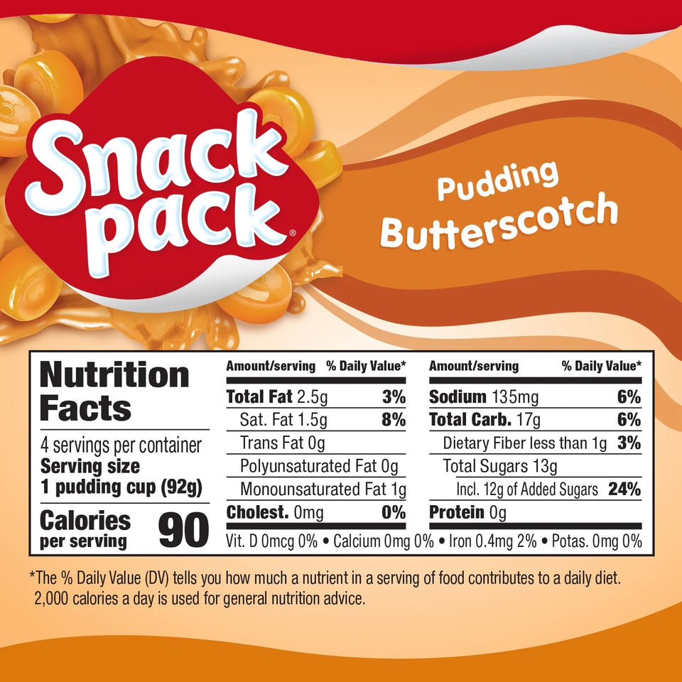 Butterscotch Pudding, Lunchbox Snack, 3.25 Oz Pudding Cups, 4 Count