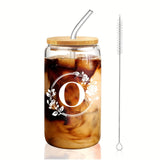 1pc Alphabet Letter A-Z Glass Coffee Mug - 16oz Large Capacity, Bamboo Lid, Straw, and Handle - Perfect for Office, Home, Birthday, Bridesmaid, Thanksgiving, Christmas, Eid Al-Adha Mubarak, and Party Use