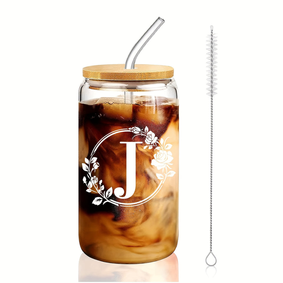 1pc Alphabet Letter A-Z Glass Coffee Mug - 16oz Large Capacity, Bamboo Lid, Straw, and Handle - Perfect for Office, Home, Birthday, Bridesmaid, Thanksgiving, Christmas, Eid Al-Adha Mubarak, and Party Use