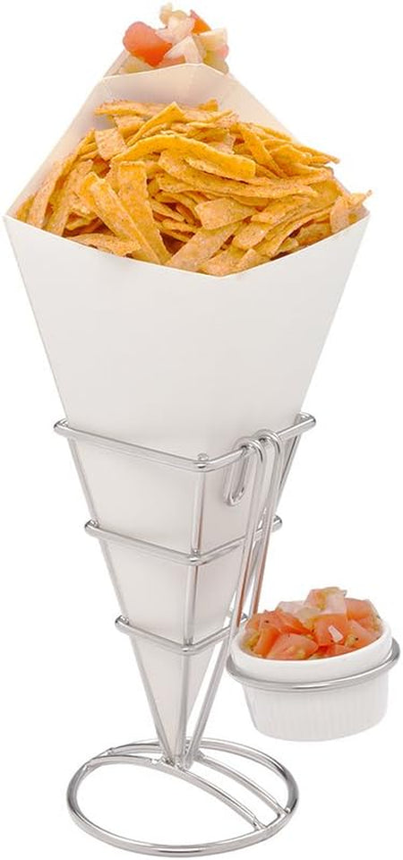 Cone Tek 15 Inch French Fry Cones 100 Recyclable Food Cones - Built-In Sauce Cup Grease-Resistant Lining White Paper Snack Cones for Appetizers and Charcuterie