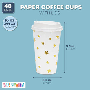 48-Pack Cute Foil Stars Insulated Disposable Coffee Cups with Lids, 16Oz Paper Hot Cup to Go for Twinkle Little Star Baby Shower, Birthday, Events