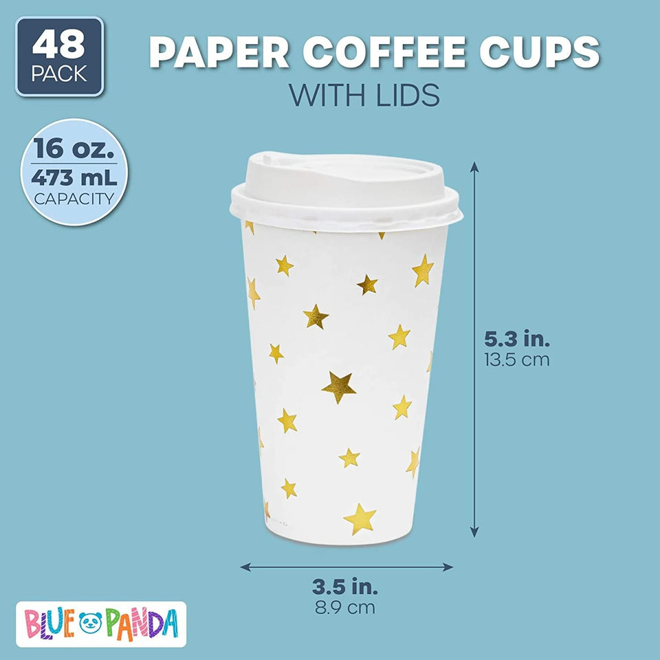 48-Pack Cute Foil Stars Insulated Disposable Coffee Cups with Lids, 16Oz Paper Hot Cup to Go for Twinkle Little Star Baby Shower, Birthday, Events