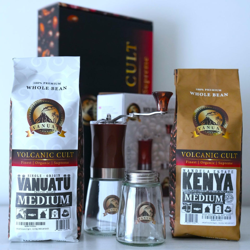 GIFTBOX MEDIUM ROAST VANUAT COFFEE KIT SET Volcanic Cult Organic Supreme Finest Artisan Whole Bean Beans for Drip Coffee Cold Brew Espresso French Press Turkish Brew Dark Medium Light Roast from Vanuatu Sumatra Ethiopia Ethiopian Brazil Bra