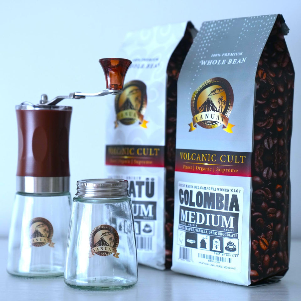 GIFTBOX MEDIUM ROAST VANUAT COFFEE KIT SET Volcanic Cult Organic Supreme Finest Artisan Whole Bean Beans for Drip Coffee Cold Brew Espresso French Press Turkish Brew Dark Medium Light Roast from Vanuatu Sumatra Ethiopia Ethiopian Brazil Bra