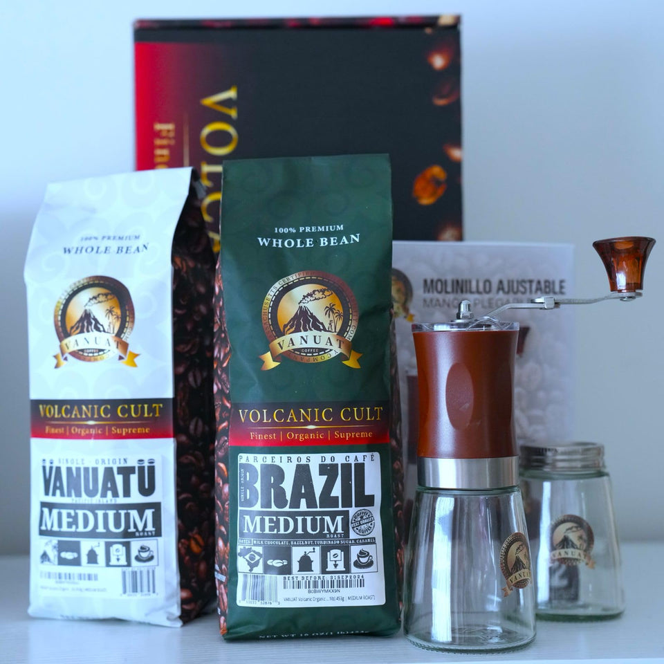 GIFTBOX MEDIUM ROAST VANUAT COFFEE KIT SET Volcanic Cult Organic Supreme Finest Artisan Whole Bean Beans for Drip Coffee Cold Brew Espresso French Press Turkish Brew Dark Medium Light Roast from Vanuatu Sumatra Ethiopia Ethiopian Brazil Bra