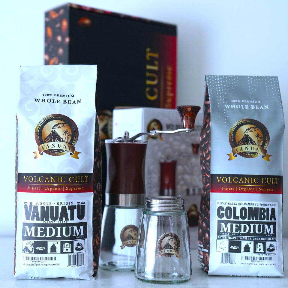 GIFTBOX MEDIUM ROAST VANUAT COFFEE KIT SET Volcanic Cult Organic Supreme Finest Artisan Whole Bean Beans for Drip Coffee Cold Brew Espresso French Press Turkish Brew Dark Medium Light Roast from Vanuatu Sumatra Ethiopia Ethiopian Brazil Bra