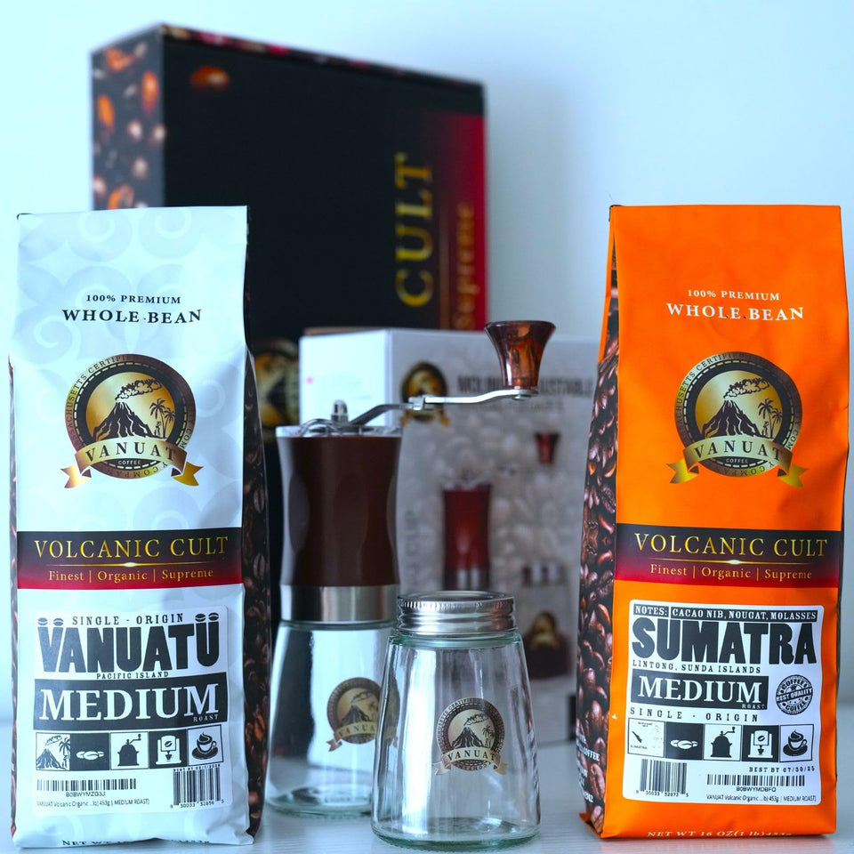 GIFTBOX MEDIUM ROAST VANUAT COFFEE KIT SET Volcanic Cult Organic Supreme Finest Artisan Whole Bean Beans for Drip Coffee Cold Brew Espresso French Press Turkish Brew Dark Medium Light Roast from Vanuatu Sumatra Ethiopia Ethiopian Brazil Bra