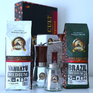 GIFTBOX MEDIUM ROAST VANUAT COFFEE KIT SET Volcanic Cult Organic Supreme Finest Artisan Whole Bean Beans for Drip Coffee Cold Brew Espresso French Press Turkish Brew Dark Medium Light Roast from Vanuatu Sumatra Ethiopia Ethiopian Brazil Bra