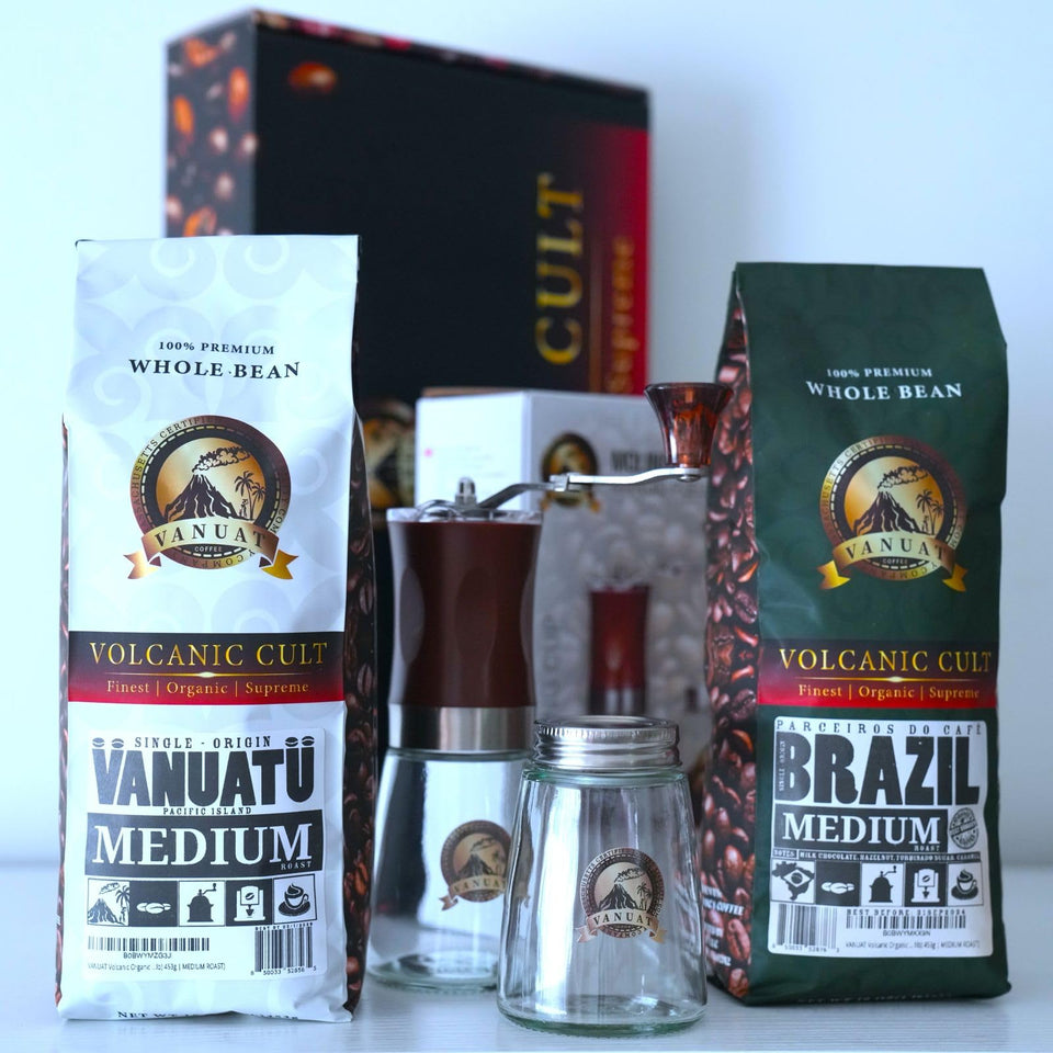 GIFTBOX MEDIUM ROAST VANUAT COFFEE KIT SET Volcanic Cult Organic Supreme Finest Artisan Whole Bean Beans for Drip Coffee Cold Brew Espresso French Press Turkish Brew Dark Medium Light Roast from Vanuatu Sumatra Ethiopia Ethiopian Brazil Bra