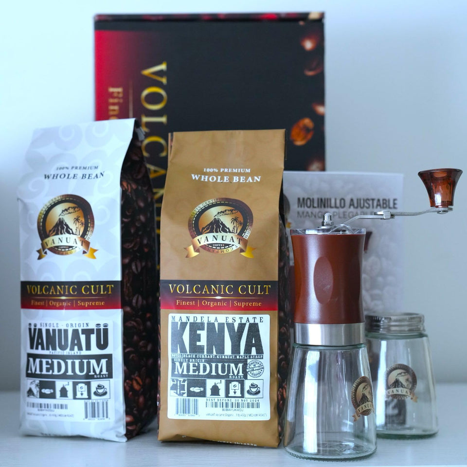 GIFTBOX MEDIUM ROAST VANUAT COFFEE KIT SET Volcanic Cult Organic Supreme Finest Artisan Whole Bean Beans for Drip Coffee Cold Brew Espresso French Press Turkish Brew Dark Medium Light Roast from Vanuatu Sumatra Ethiopia Ethiopian Brazil Bra