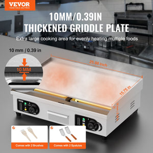 VEVOR Commercial Electric Griddle, 2800W Countertop Flat Top Grill,  25.98 X 15.75 X 0.39in Stainless Steel Griddle Grill With 2 Shovels And 2 Brushes For Home Or Restaurant