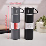 1set Stainless Steel Thermal Mug Set, 500ml/16.9oz Vacuum Insulated Water Flask with 3 Cups, Stainless Steel Car Flask Holder for Coffee & Cold Drinks, Ideal for Back to School Supplies