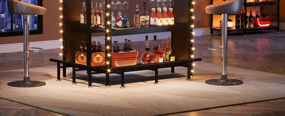 2-Tier L-Shaped Home Bar Unit with Stemware Racks & Footrest - Compact Coffee & Liquor Cabinet for Stylish Kitchen, Living Room or Pub Corner