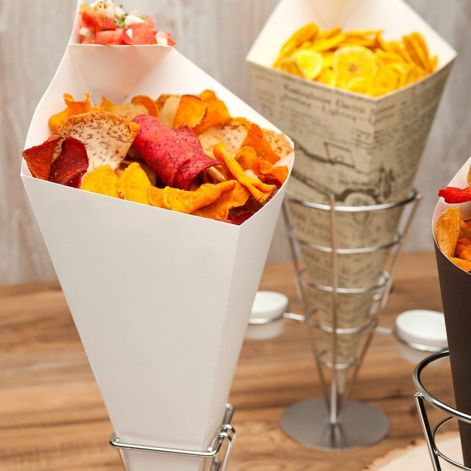 Cone Tek 15 Inch French Fry Cones 100 Recyclable Food Cones - Built-In Sauce Cup Grease-Resistant Lining White Paper Snack Cones for Appetizers and Charcuterie