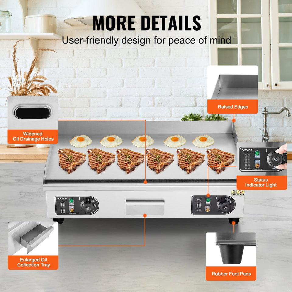 VEVOR Commercial Electric Griddle, 2800W Countertop Flat Top Grill,  25.98 X 15.75 X 0.39in Stainless Steel Griddle Grill With 2 Shovels And 2 Brushes For Home Or Restaurant