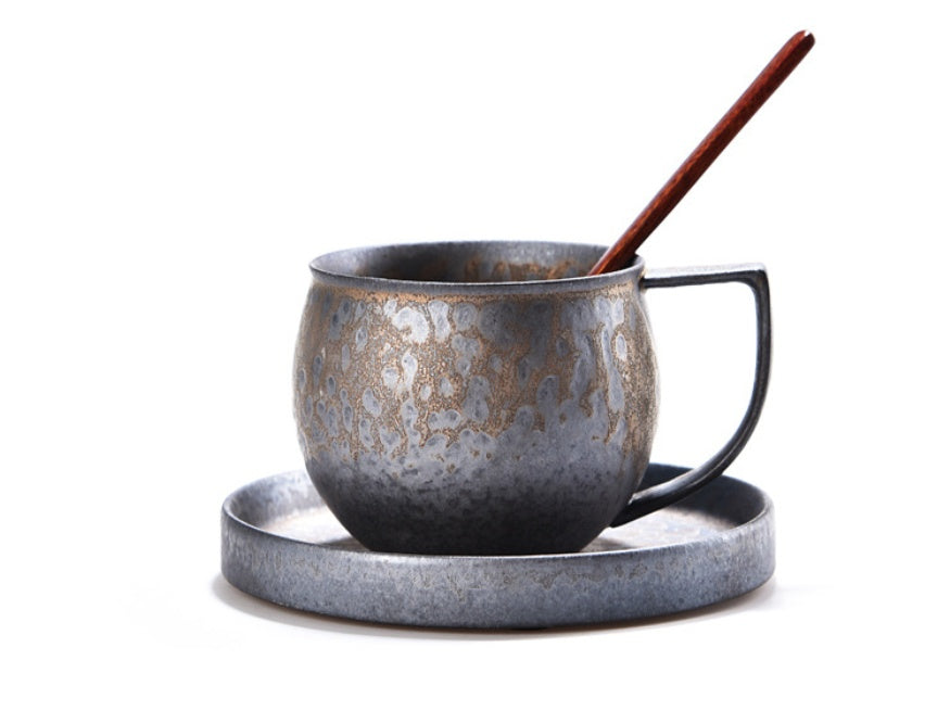 Retro Stoneware Kiln Blackened Gold Vertical Pattern Coffee Cup Set Handmade Pottery With Coaster Spoon Home Office Water Cup