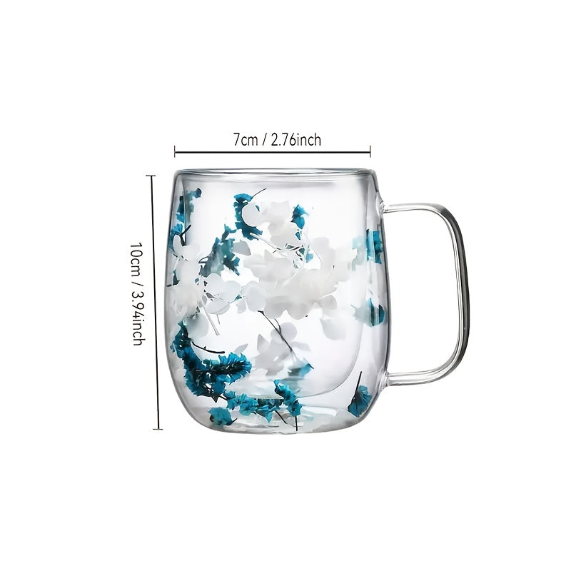 1 Double-Walled Glass Coffee Mug with Real Flower Design - Durable, Aesthetic Cup for Hot & Cold Beverages, Perfect for Home or Office Use