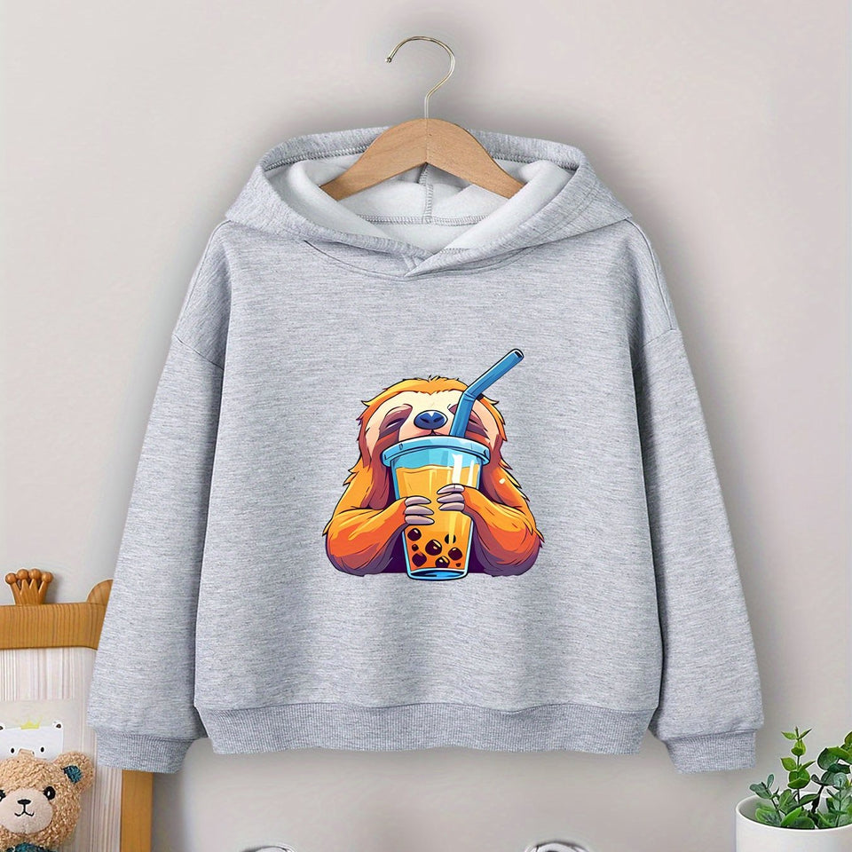 Boys' Cozy Sloth Milk Tea Print Hoodie - Casual Pullover Sweatshirt for Fall/Winter, Machine Washable