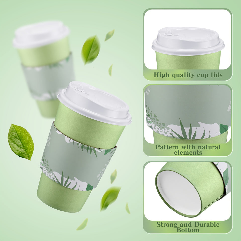100 Pack 16 Oz Coffee Cups With Lids And Sleeves Sage Green Disposable Paper Cups Hot Cups Bulk For Spring Home Restaurant Wedding Event Decoration (Sage Green, 16 Oz)