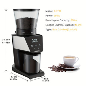 BioloMix Automatic Burr Mill Electric Coffee Grinder With 30 Gears For Espresso American Coffee Pour Over Visual Bean Storage