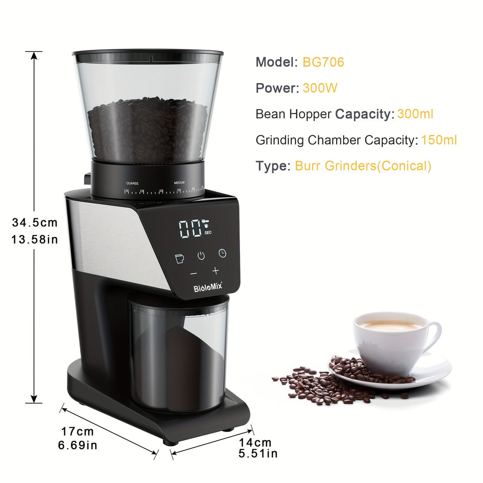 BioloMix Automatic Burr Mill Electric Coffee Grinder With 30 Gears For Espresso American Coffee Pour Over Visual Bean Storage