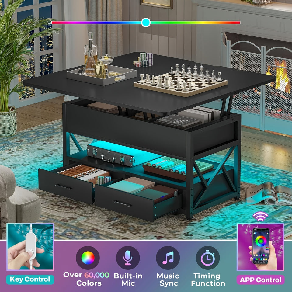 Lift Top Coffee Table with Storage, Small Farmhouse Coffee Table, 4-in-1 with 2 Drawers & LED Light, for Living Room Dining Reception Room, 40", White Brown Black