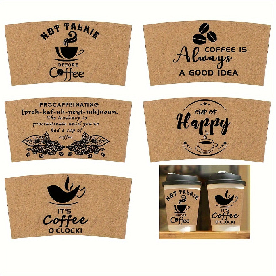50-Pack Disposable Kraft Paper Coffee Cup Sleeves - Insulating Ripple Wrap Jackets for Hot or Cold Drinks, Fits 12-20 oz Cups - Printed Designs for Hand Protection