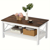 2-Tier Thicken Wood Accent Xelsyo Farmhouse Coffee Table with Open Storage Shelf, Brown and White for Living Room Home Office