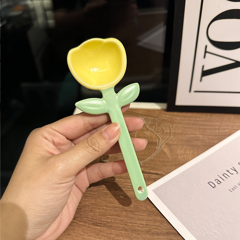 Girls Good-looking Tulip Ceramic SUNFLOWER Spoon Household Flower Coffee Dessert Ice-cream Spoon