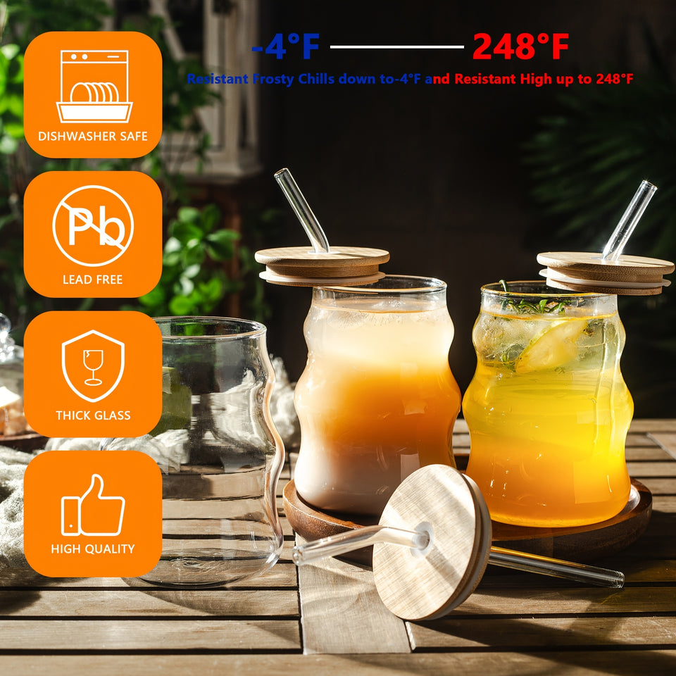 8PCS, Ribbed Drinking Glass Cups with Straws Set, 18 oz Aesthetic Iced Coffee Glasses, Wave Bubble Glasses Tumbler, Ripple Glassware, Beer Glasses for Coctail, Milk, Soda, Gift with Brush