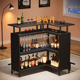 2-Tier L-Shaped Home Bar Unit with Stemware Racks & Footrest - Compact Coffee & Liquor Cabinet for Stylish Kitchen, Living Room or Pub Corner