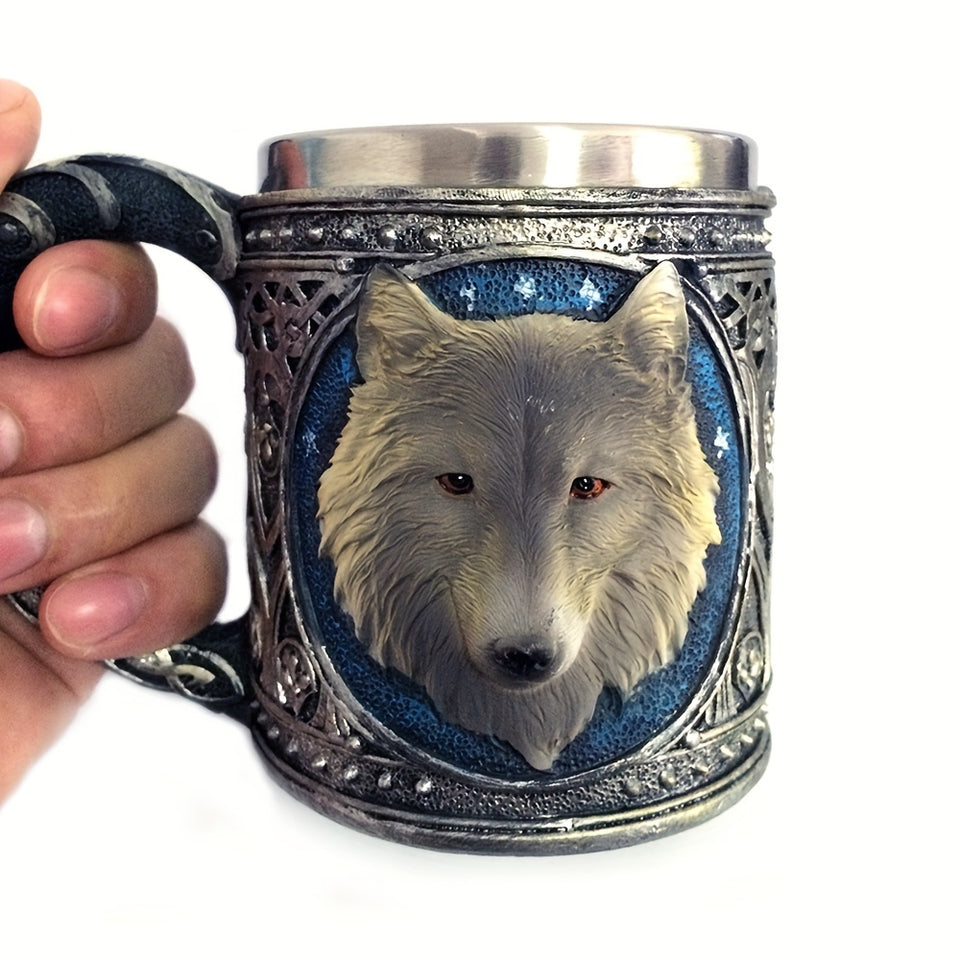 [Wolf Magic Mug] Gray Wolf Celtic Tribe Magic Resin Mug with Stainless Steel Rim | Suitable for Coffee, Tea, Cereal, And Drinks | Perfect for Halloween Parties And Kitchen Decor Featuring Wolf Forest Totem Beer Cup for Bar De