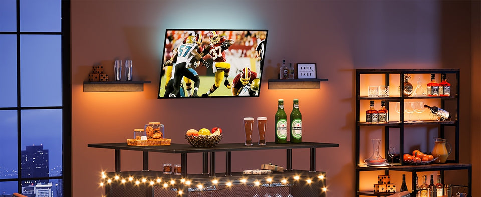 2-Tier L-Shaped Home Bar Unit with Stemware Racks & Footrest - Compact Coffee & Liquor Cabinet for Stylish Kitchen, Living Room or Pub Corner