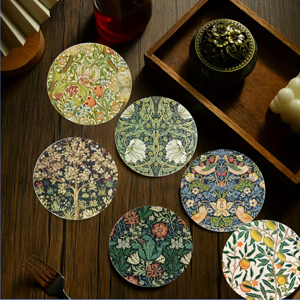 6pcs Botanical Wooden Coaster Set - Heat-Resistant & Decorative, Perfect for Home & Coffee Shops, Ideal for Halloween, Christmas, Mother's Day & Graduation Gifts