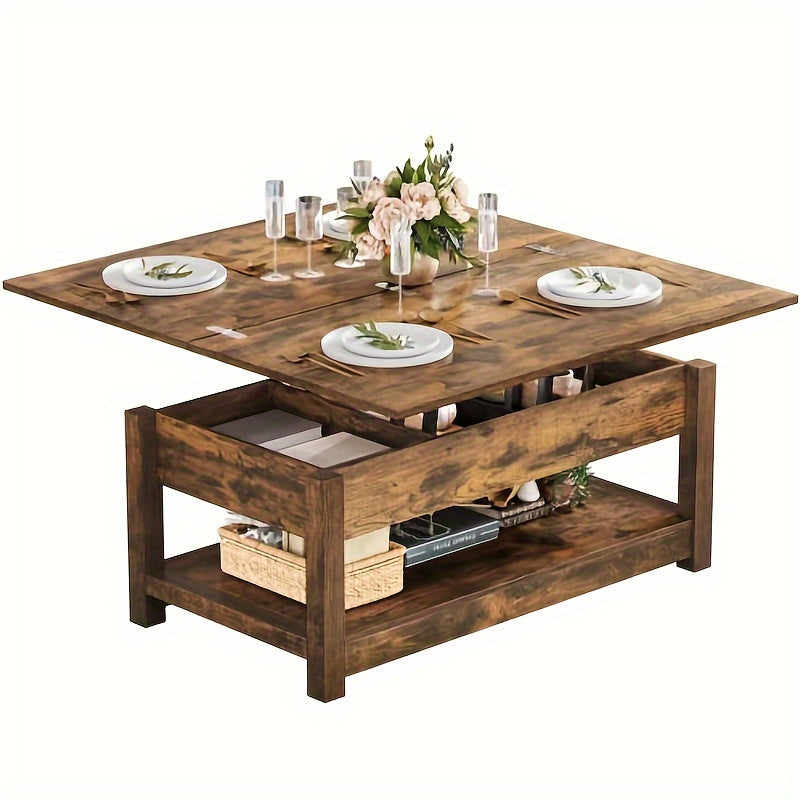 Sablyme Rustic Farmhouse Lift Top Coffee Table, 3-in-1 Multi-Function Center Table with Storage, Brown Hardwood - Ideal for Living Room, Adjustable Height for Comfortable Use