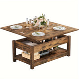 Sablyme Rustic Farmhouse Lift Top Coffee Table, 3-in-1 Multi-Function Center Table with Storage, Brown Hardwood - Ideal for Living Room, Adjustable Height for Comfortable Use
